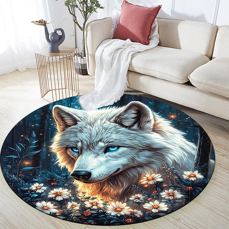 Wolf in Moonlit Round Area Rug,Carpet Rug for Living Room Bedroom Sofa Playroom Decor,Non-slip Floor Mat