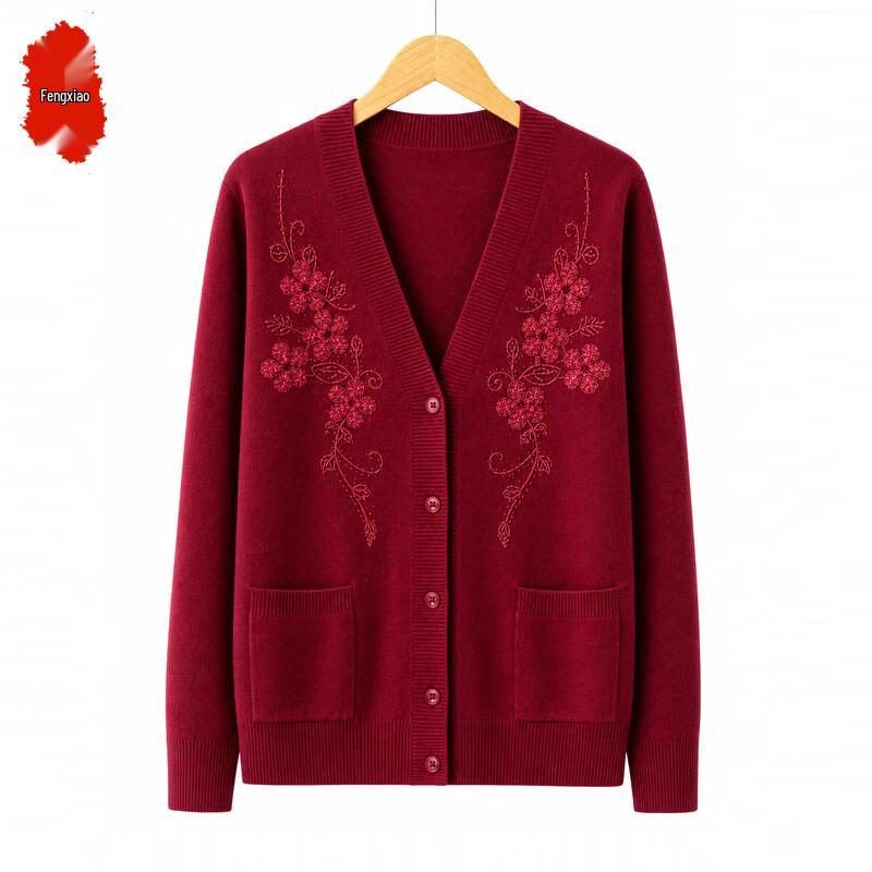 Women's V-Neck Embroidered Knit Cardigan Sweater