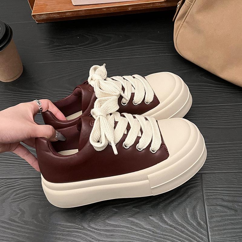 

thick-soled leather surface white shoes women s autumn new fashion single shoes versatile breathable lace-up casual board shoes 35 червоний