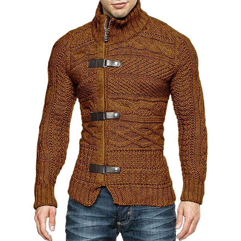2025 Autumn/Winter Men's Plus Size High Neck Sweater Cardigan with Leather Buckle - European & American Style Long Sleeve Knit Coat