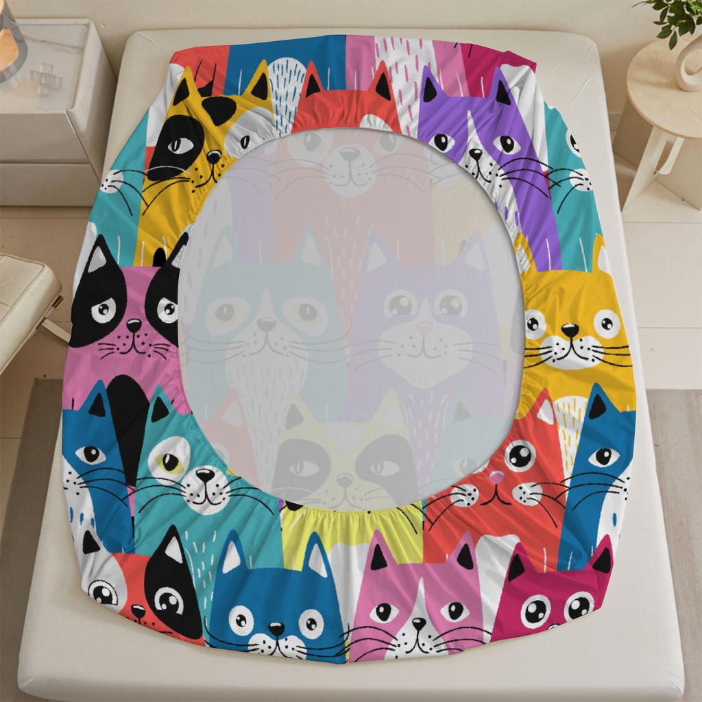3 stuks Kleurrijke Katten Hoeslaken Cartoon Kattenpatroon 3D Print Cadeaus Voor Studenten Meisjes 100% Polyester Plat Laken Met Kussenslopen