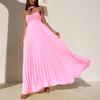 Women's Strapless Tube Top Maxi Dress Off Shoulder Pleated Long Dress with Neck