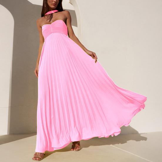 Women's Strapless Tube Top Maxi Dress Off Shoulder Pleated Long Dress with Neck