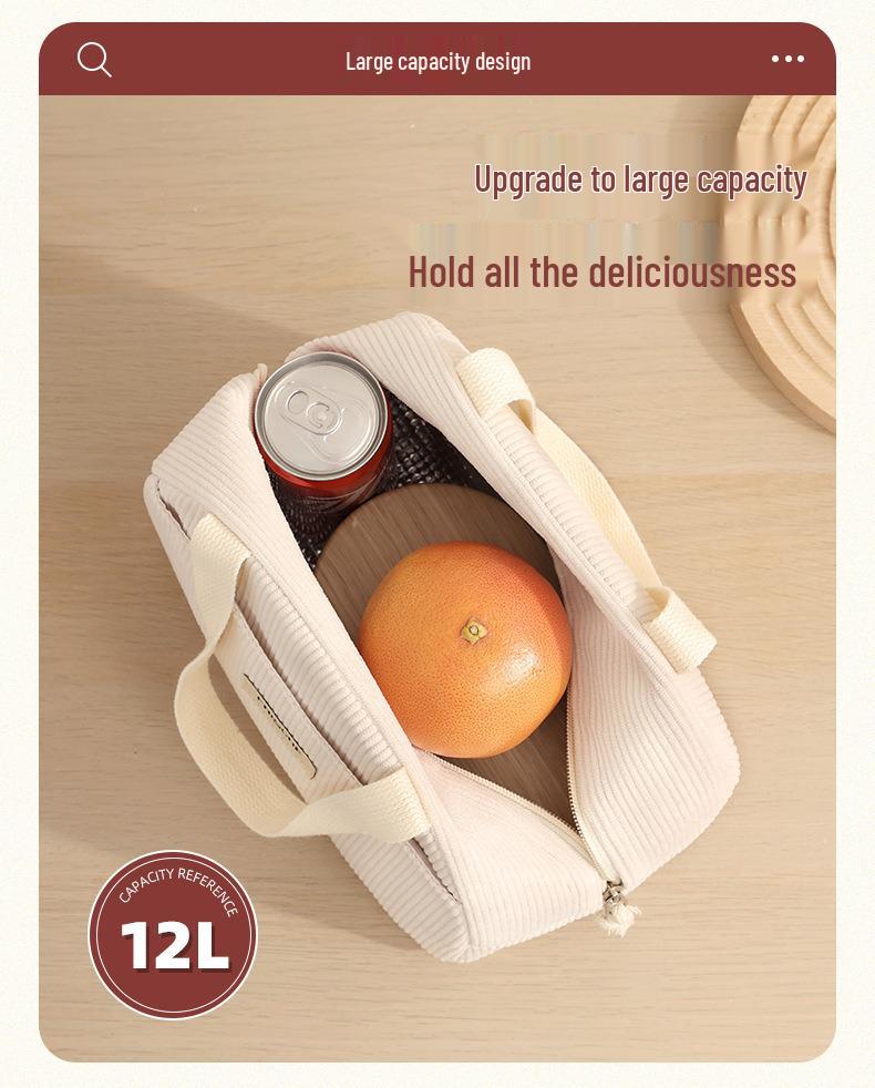 Large Capacity Corduroy Bento Bag for Work and School - Insulated and Portable with Strap