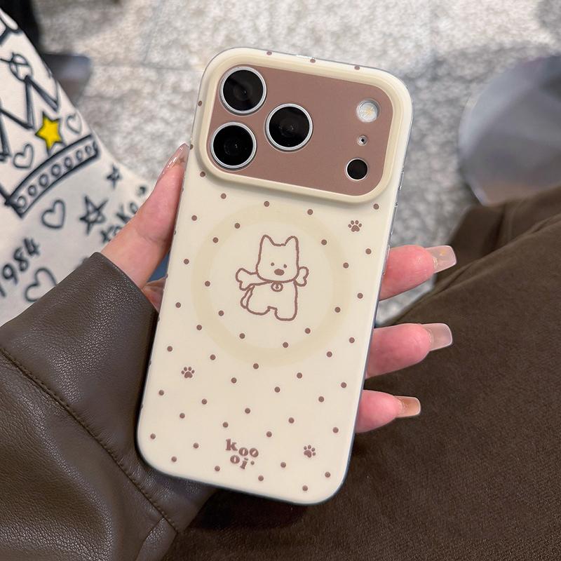 Ins Brown Circular Dots Line Puppy Dog IMD Phone Case For iPhone 17 Pro Max 16 15 14 13 Cute Back Cover For Magsafe Cases