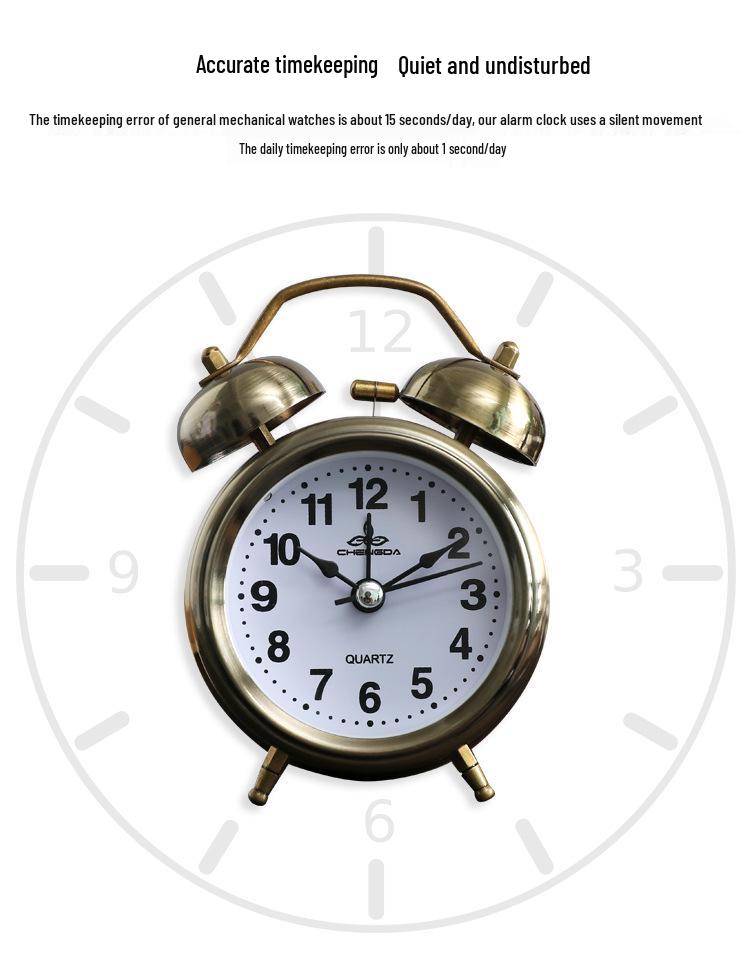 3-inch Retro Silver Ringing Metal Alarm Clock with Night Light - Stylish, Multifunctional Bedside Clock for Students