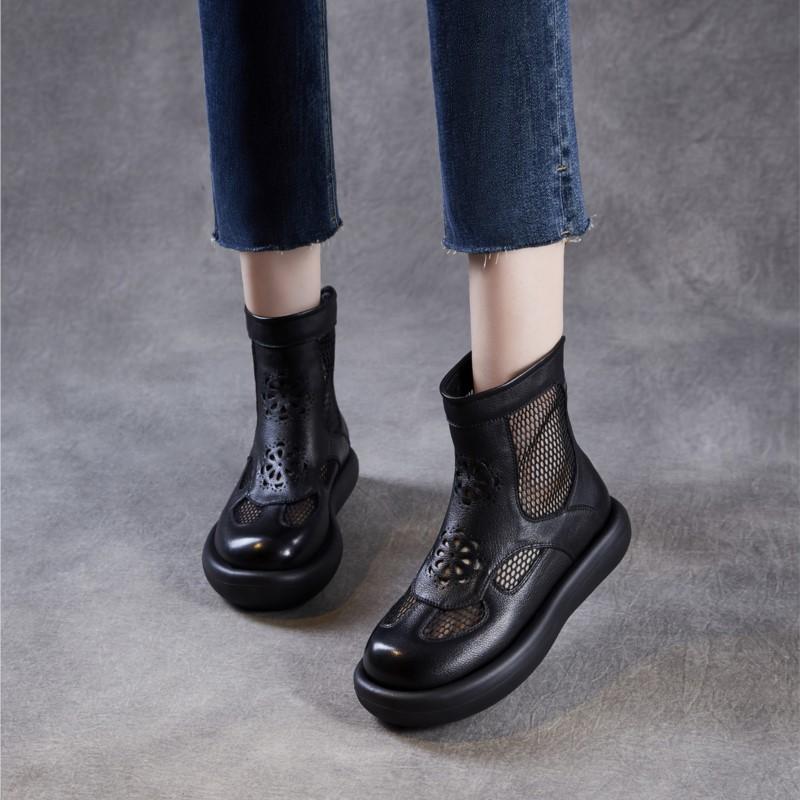 Johnature Genuine Leather Thick Soled Roman Women's Summer Boots Hollow-out Breathable Casual Mesh Short Boots