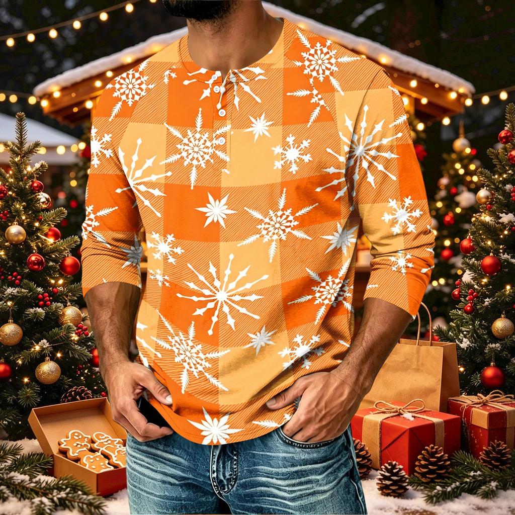 Men's Casual Shirt with Raglan Three-Quarter Length Sleeves Christmas Print Pullover