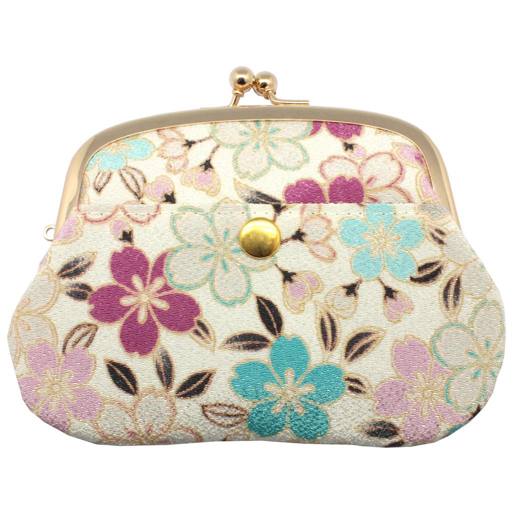 Made in Japan 4-inch Parent-and-Child Gama-guchi Wallet All-Cherry Blossom Design, White, Coin Purse and Card Case, Nikko Chirinmen, Edo Komon