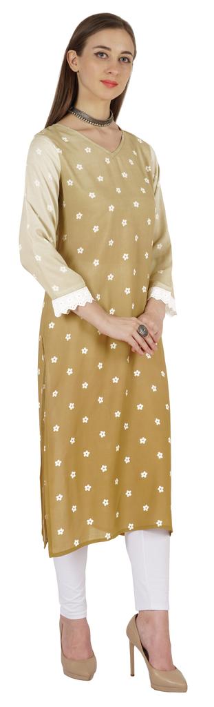 Bimba Printed  Designer  Kurta  For Womens Straight Kurti V-Neck Ethnic  Traditional  Wear - Cotton