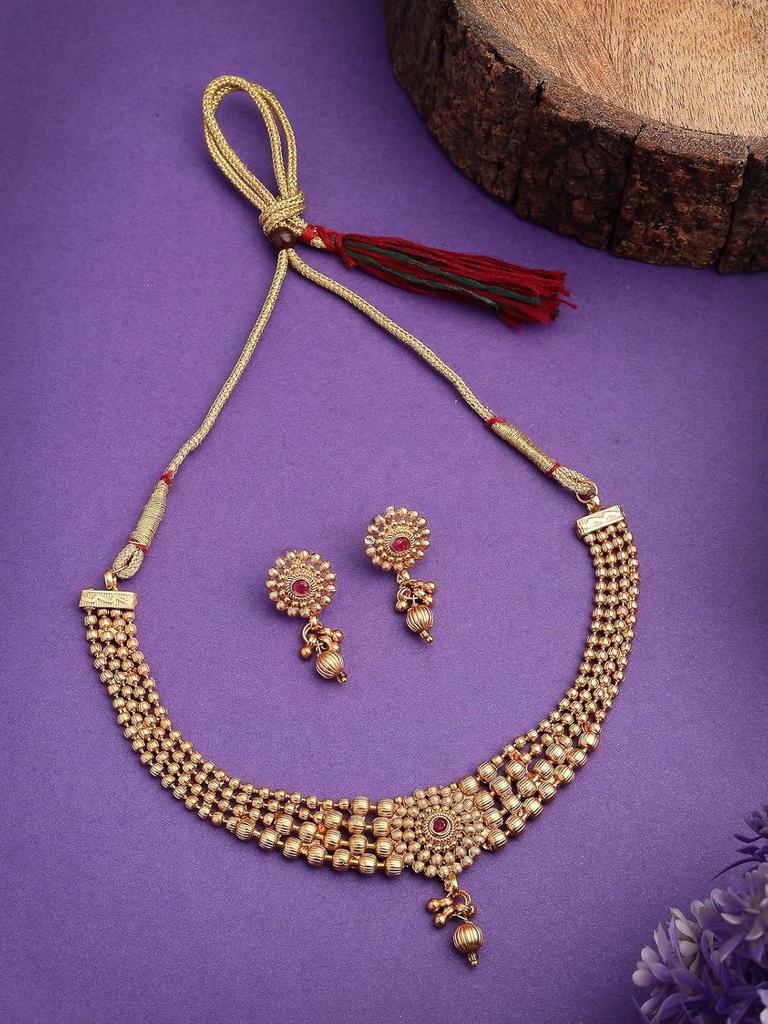 Classic Gold Plated Choker Necklace with Drop Earring Jewellery Set For Women & Girls|Suited for All Festive Occasions