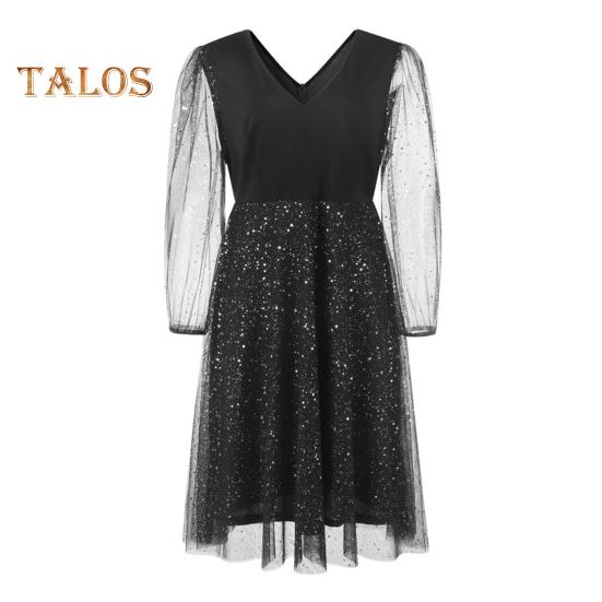 

Вечернее платье больших размеров с узором в горошек, двухслойным подолом, сетчатыми рукавами, облегающим кроем, V-образным вырезом, платье-трапеция с V-образным вырезом, выпускное платье миди 4XL чёрный