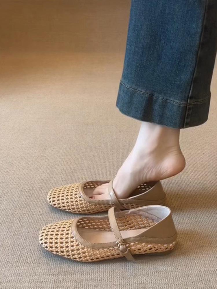 French literary style woven hollow breathable Mary Jane single shoes women's word with flat sandals