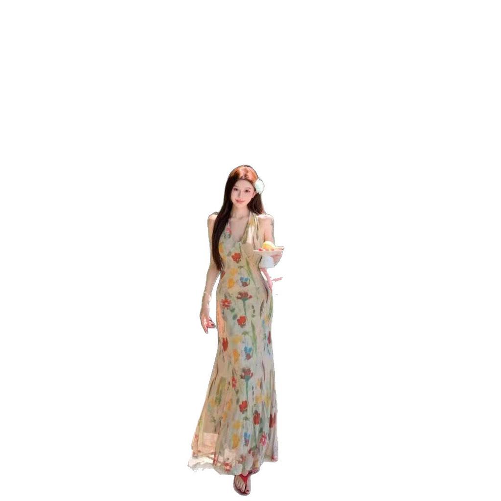 Retro Printing Backless V-neck Neck Dress for Women, Summer Pure Desire To Close the Waist, Fishtail Skirt, Slim-fitting Hip-wrapped Dress