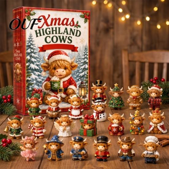 New Year Gift Sets 24 Days 3D Highland Cow Advent Calendar 2026, Christmas Countdown Festive Box with Cute Farm Cattle Mini Figurines for Holiday Desk