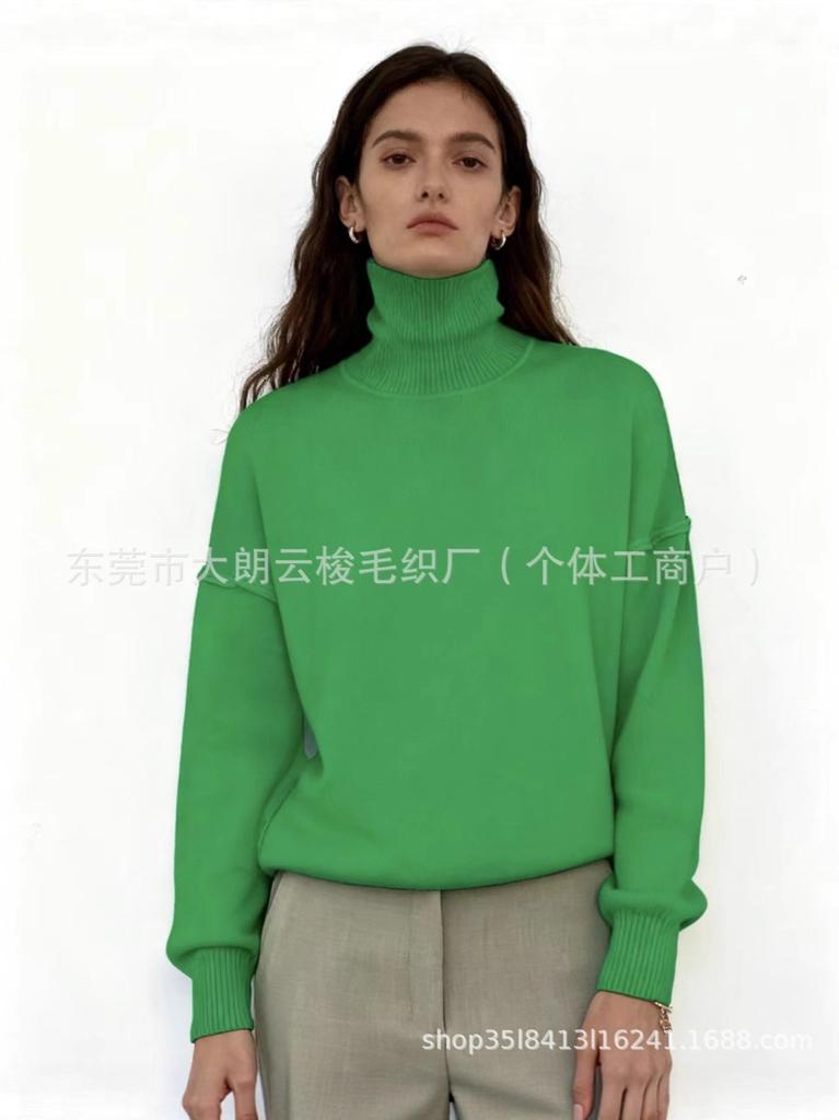 2025 European & American High Neck Solid Color Loose Knit Sweater - Women's Autumn/Winter Fashion