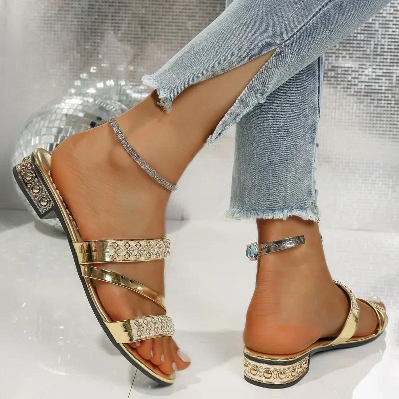 Fashion Slippers Women 2025 Plus Size Shoes Female Open Toe Women's Slippers Fashion Dress Crystal Butterfly Low Heel Sandals Pantuflas