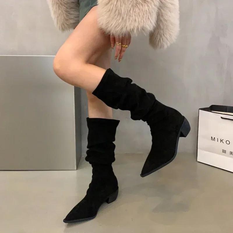 

Женские рыцарские сапоги с острым носком, коричневые сапоги до колена из искусственной кожи, женские осенне-зимние ковбойские длинные сапоги в стиле вестерн, Botas Mujer, 2024 39