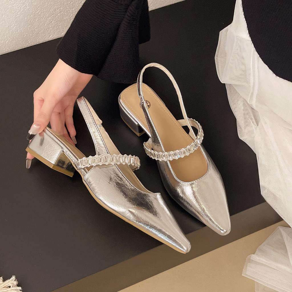 One word with rhinestone sandals women's summer new bag head half drag thick heel shoes pointed single shoes women's outer wear