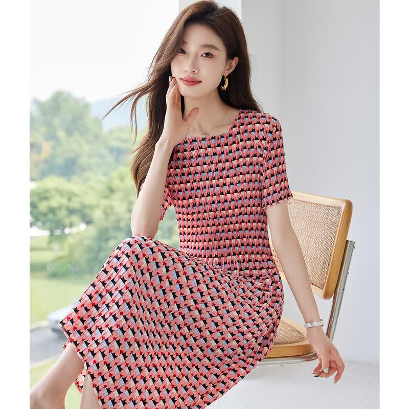 Oudifu Women s Printed Short Sleeve A-line Midi Dress XL розовый