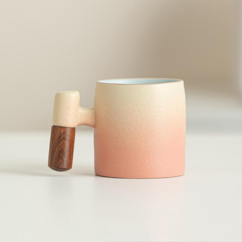 70 small capacity ceramic gradient wood handle latte coffee cup, coarse ceramic Japanese kiln made mug tea cup