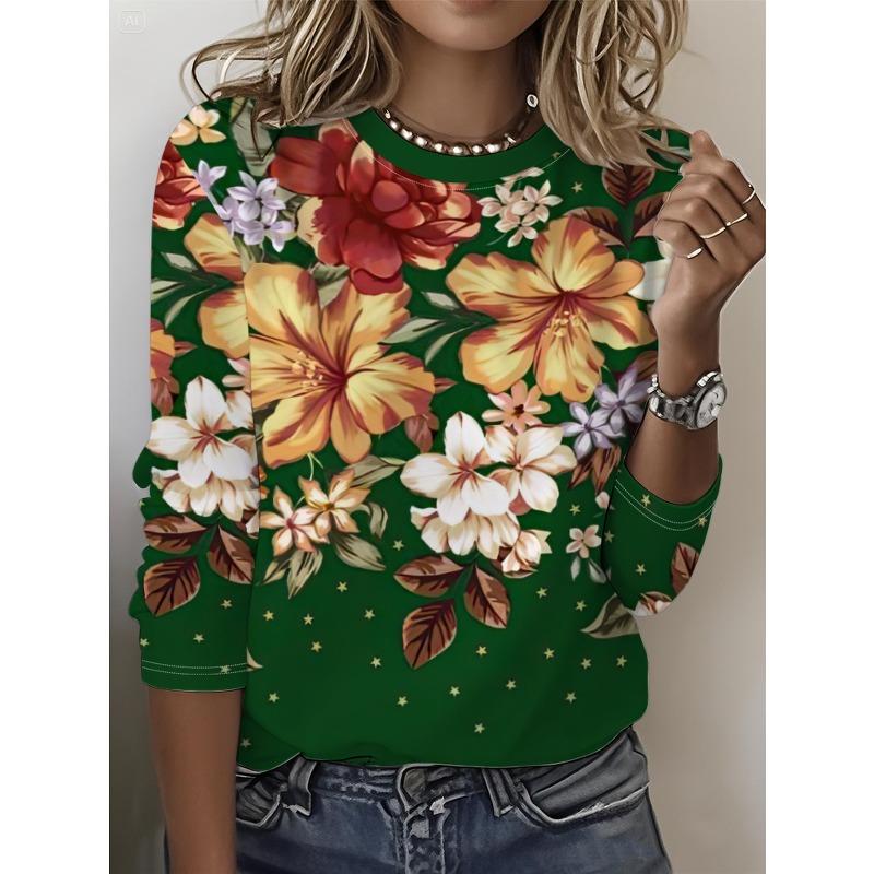 Round Neck 3D Flower Printed Top Casual Long Sleeved Women's T-shirts - Soft Medium Stretch Polyester Fabric Spring and Autumn Relaxed Fit Clothing