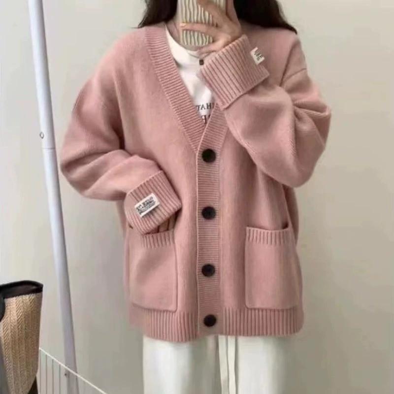 Large Solid Color V-neck Cardigan Autumn/winter Korean Loose and Versatile Casual Slimming Sweater Women's Top