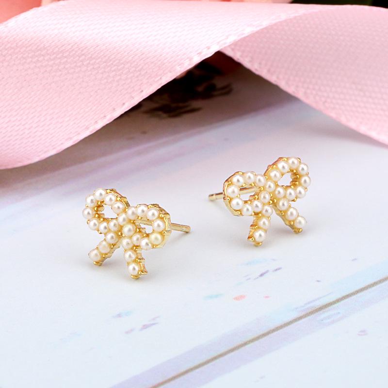 Beixi Sterling Silver Full Pearl Bow Earrings - Korean Style S925 Ear Studs for Women 925 Silver