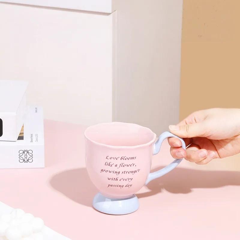 SOLECASA Ceramic Mugs with Creative Handle Pink Blue Coffee Cup & Saucer Set Afternoon Tea Coffee Latte Cups Home Coffee Mug Set