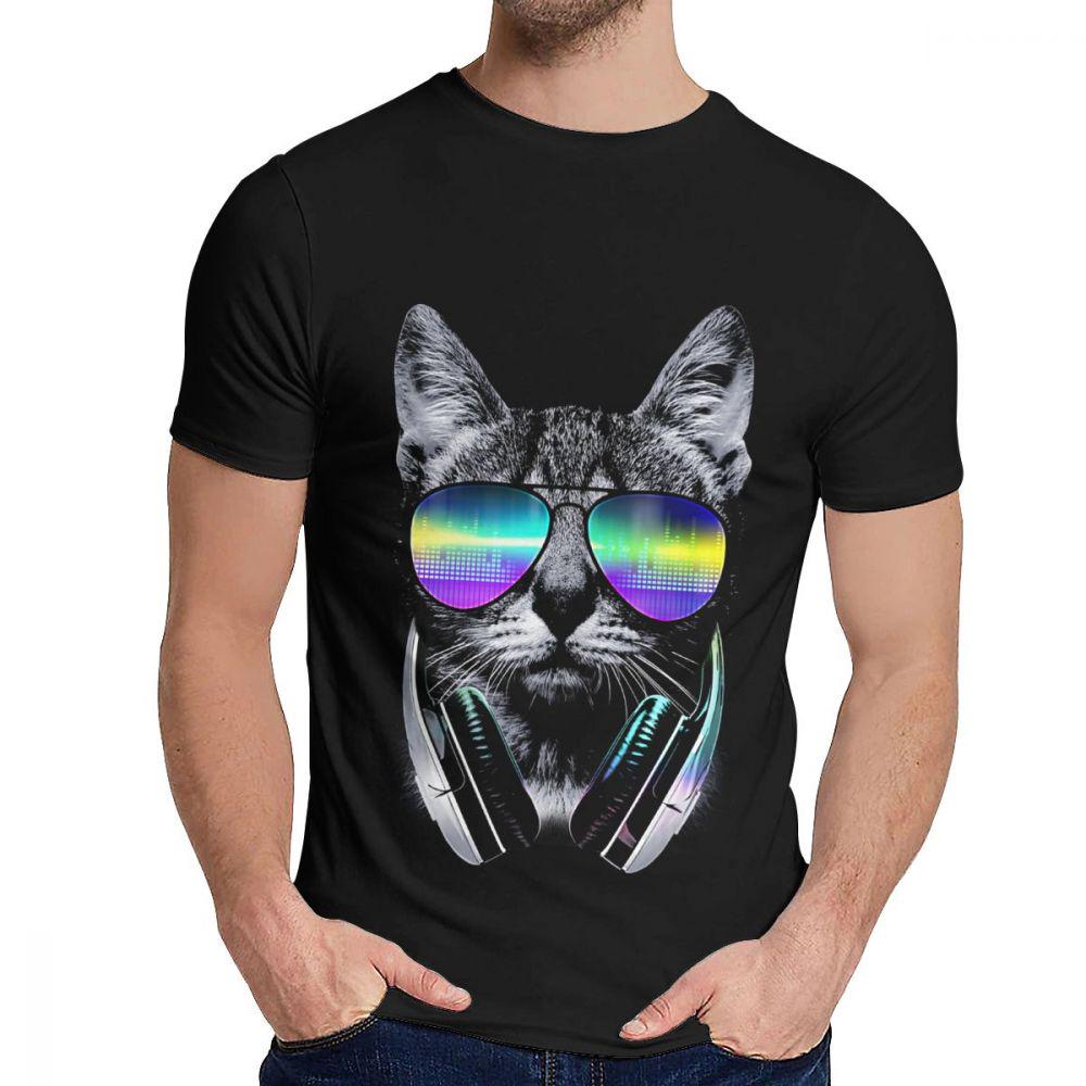 

DJ MUSIC Cat Music Lover Cat V Tee Classic Round Neck Anime Men s Vintage Organic Cotton Plus Size Short Sleeve 3XL чорний