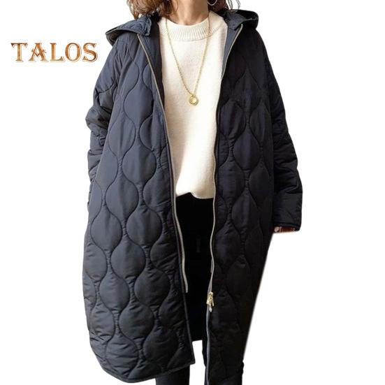 Fall Winter Women Jacket Hooded Zip-up Rhombus Texture Thin Padded Long Sleeves Mid Length Loose Work School Daily Coat