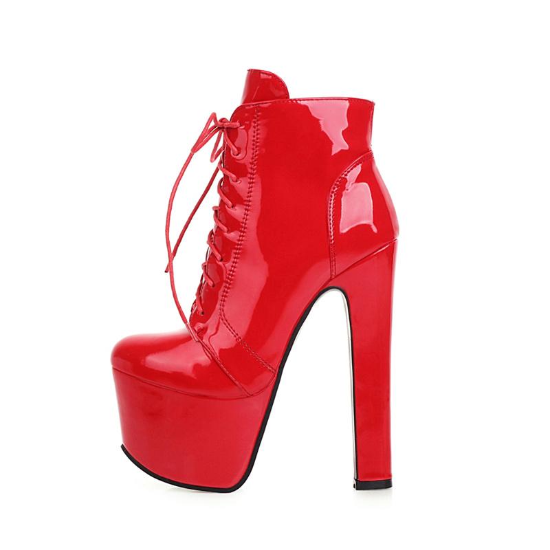Sexy Ankle Boots Women Platform Autumn Winter Boot Leather Ultra Stripper Heels Lace-up Red Black Fetish Shoes Large Size 45
