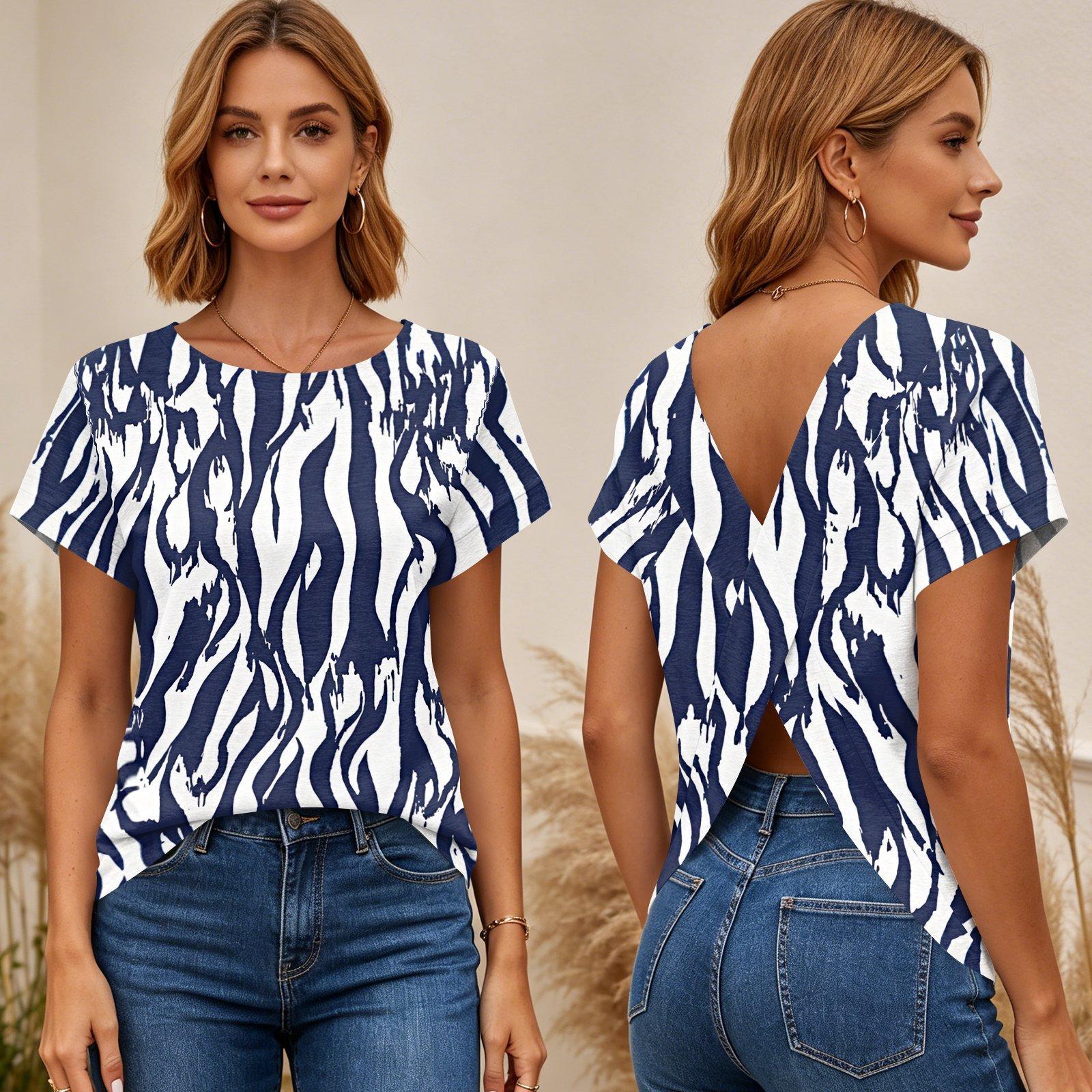 

Womens Short Sleeve Top Geometric Print Cross Back T Shirt Lightweight Casual Blouse Summer Style L синий