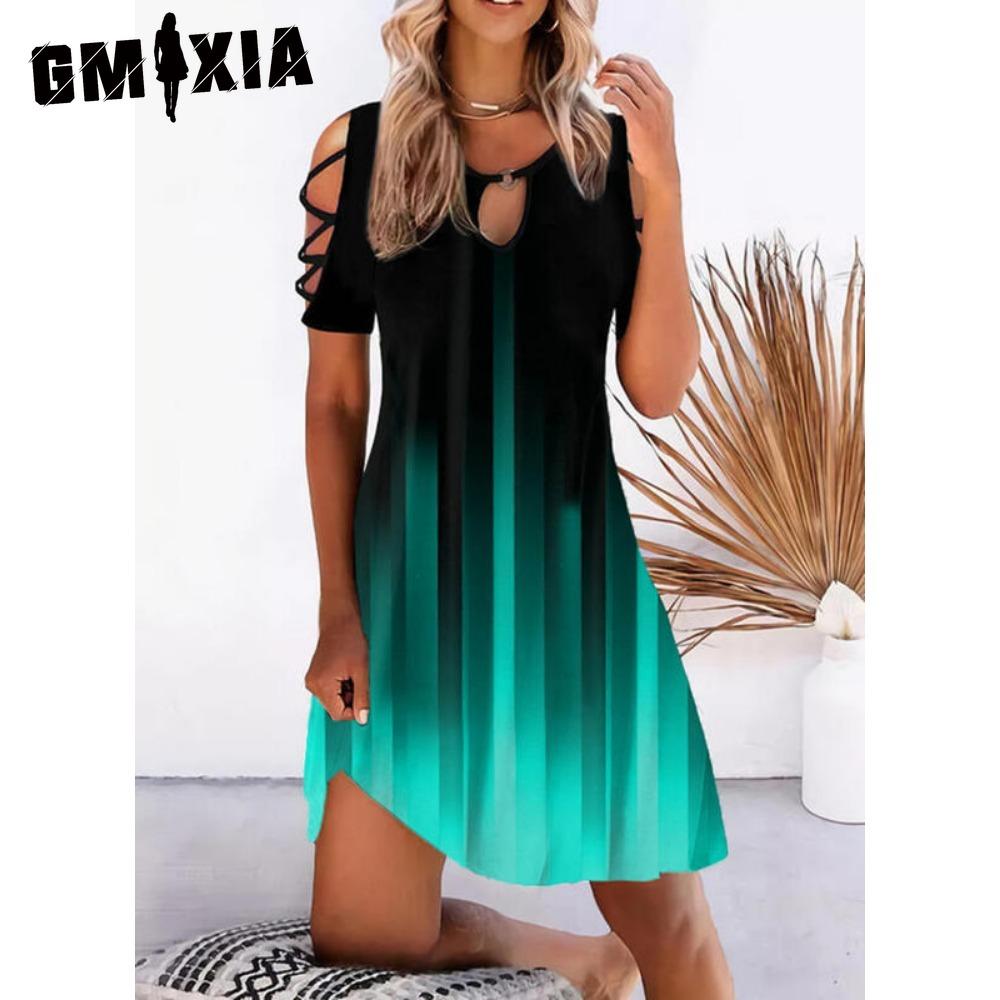 GMXIA 13 Farben Damen Kleid mit Blumenmuster Sommer Sexy Kurzarm O-Ausschnitt Mini Kleider Weiblich Vintage Elegantes Kleid