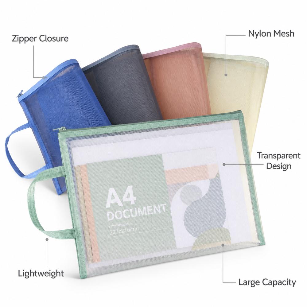 A4 Document Storage Bag Nylon Cosmetic Makeup Bag New Mesh Zip Bag  School Supplies
