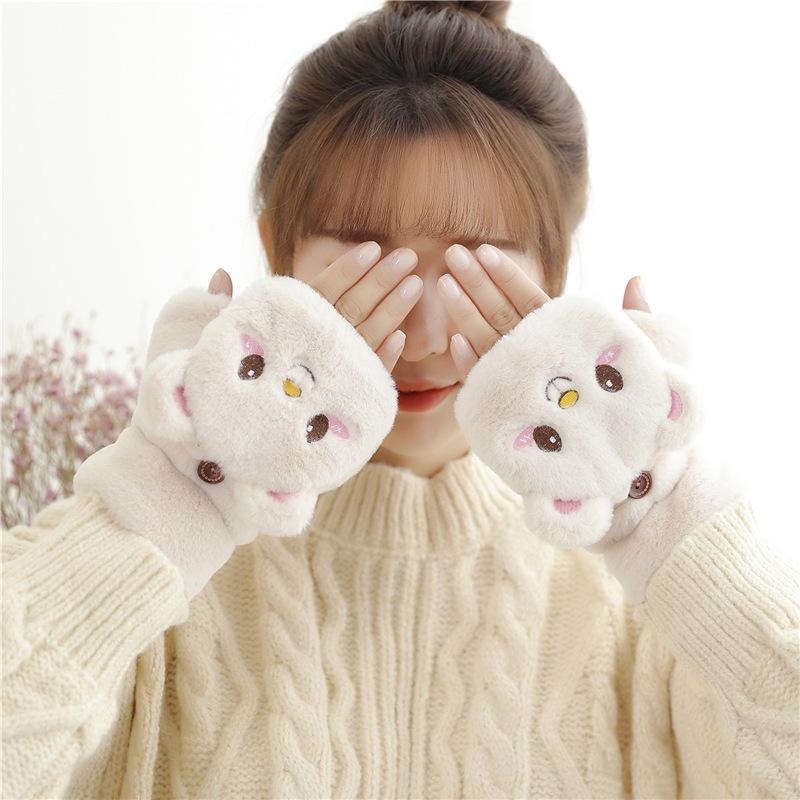 

Женские зимние перчатки без пальцев с откидным верхом из кроличьего меха, на бархатной подкладке, в мультяшном стиле с медведем One Size бежевый