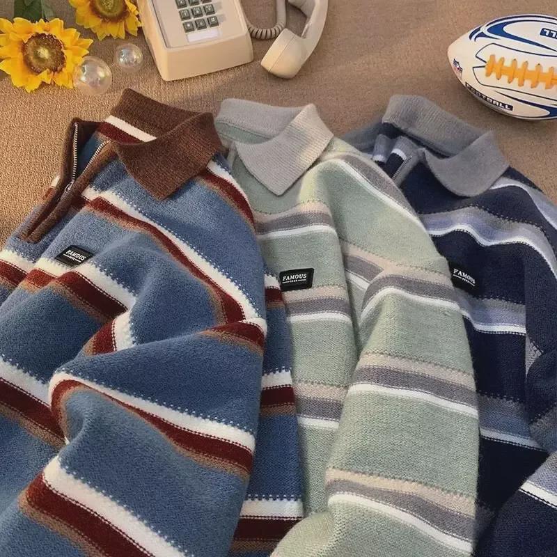 Pánský japonský retro pruhovaný svetr s polokošilí - Podzimní/zimní ležérní styl, výklenkový pletený top