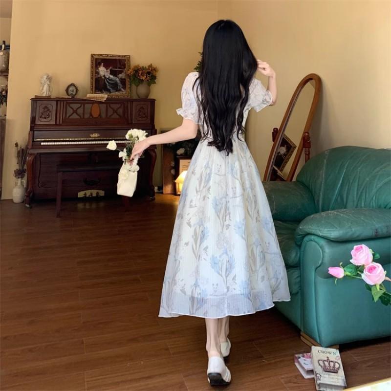 Womens Blue Floral Print A-Line Midi Dress With Square Neck Waist Tie Lightweight Chiffon Casual Wear