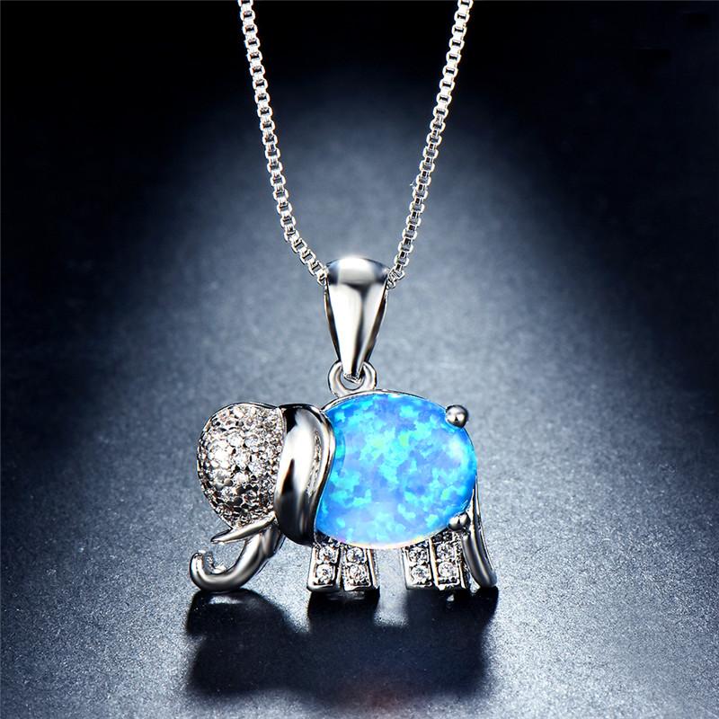 Boho Cute Animal Elephant Pendant Necklace for Women Girl Imitation Blue Opal Zircon Necklace Wedding Jewelry