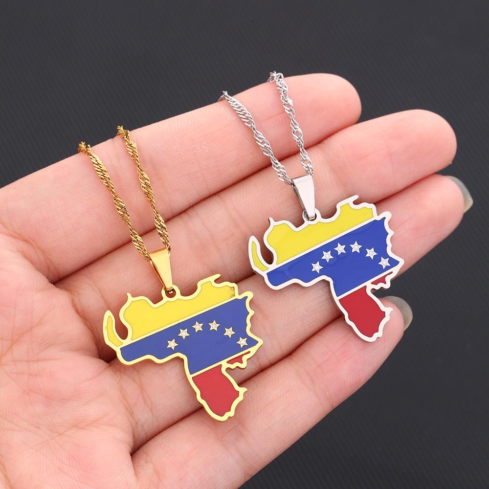 Unisex Elegant Venezuela Map Flag Pendant Necklace - Fashionable Stainless Steel Jewelry