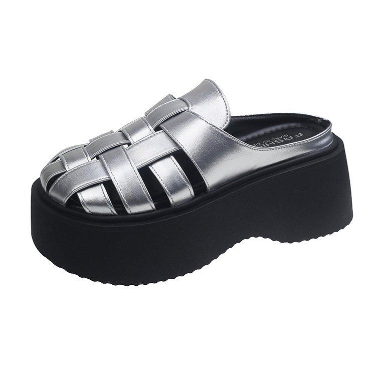 

Летние новые плетеные полые баотоу шлепанцы на платформе с толстой подошвой, женские сандалии-клетка для свиней 39 серебряный