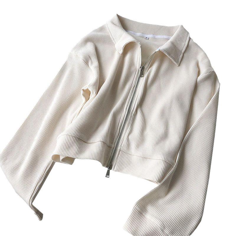 Women's Autumn Cotton Waffle Jacket, Korean Style, Loose Design, Double Zipper Cardigan
