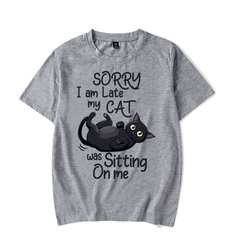 Desculpe o atraso, meu gato estava sentado em mim, camiseta gráfica, camiseta engraçada de gato, camiseta da moda, camiseta Harajuku, camisetas hip hop, tops masculinos