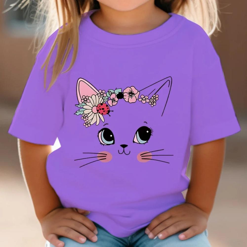 Girl Clothes Cute Floral Cat Pattern Summer Short Sleeve Tops Animal Cartoon Print Tees Fashion O-Neck Loose Children's Clothing