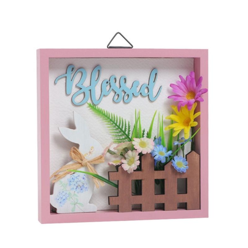 

Easters Welcome Sign for Front Door Wood Frame Door Hanger Decoration Easters Bunnies Plaque with Artificial Flowers