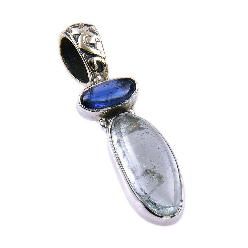 Natural Aquamarine, Kyanite 925 Solid Sterling Silver Jewelry Pendant 1.25" a8A68