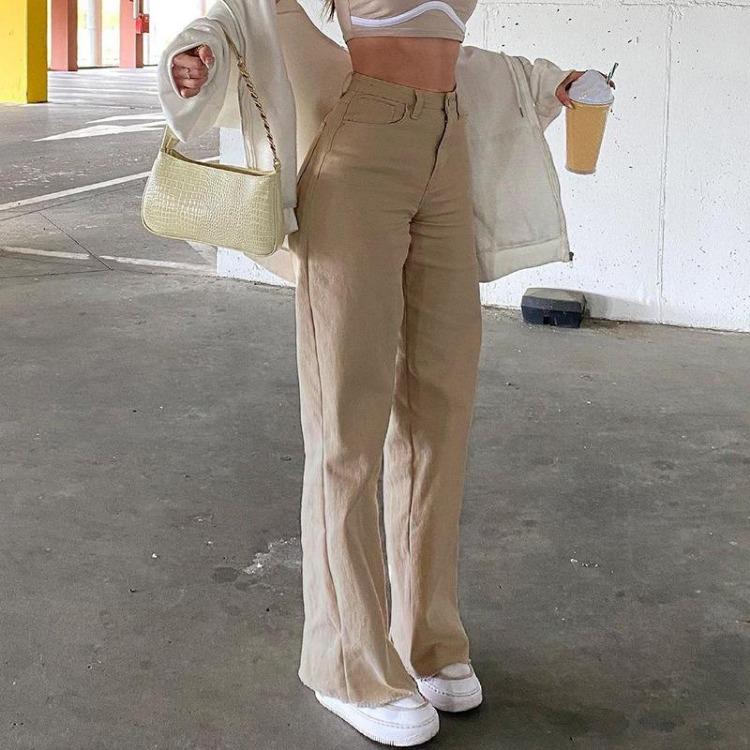 Pantaloni da Donna a Vita Alta Gamba Dritta Casual Larghi con Drappeggio Jeans Sottili Nuovi Pantaloni Monocolore