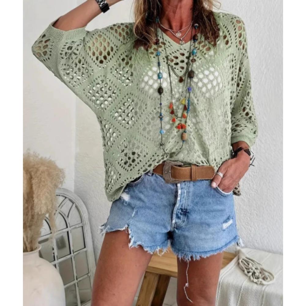 Women Spring Summer V-neck Diamond Hollow Out Batwing Sleeve Knit Sweater Loose Cover Up Blouse