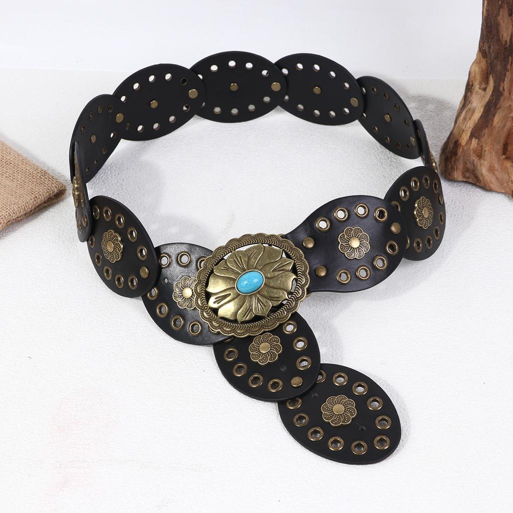 Vintage Women's Western Denim Belt Hollow Wide Round Cutout Waistband Round Belts