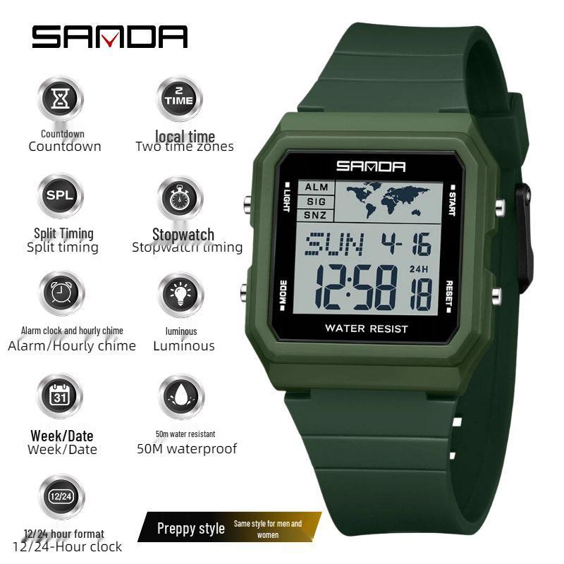 SANDA Youth Sports Luminous Waterproof Multifunction Watch with World Time & Alarm